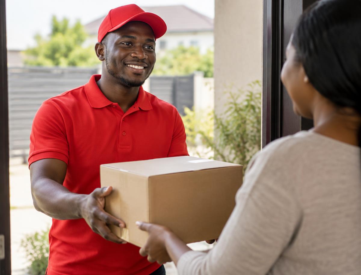 OrderIT courier handing a package to a customer at their door
